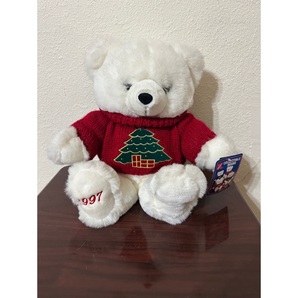 Vintage 1997 Kmart Collectible Bear White Plush Red Christmas Tree Sweater NWT